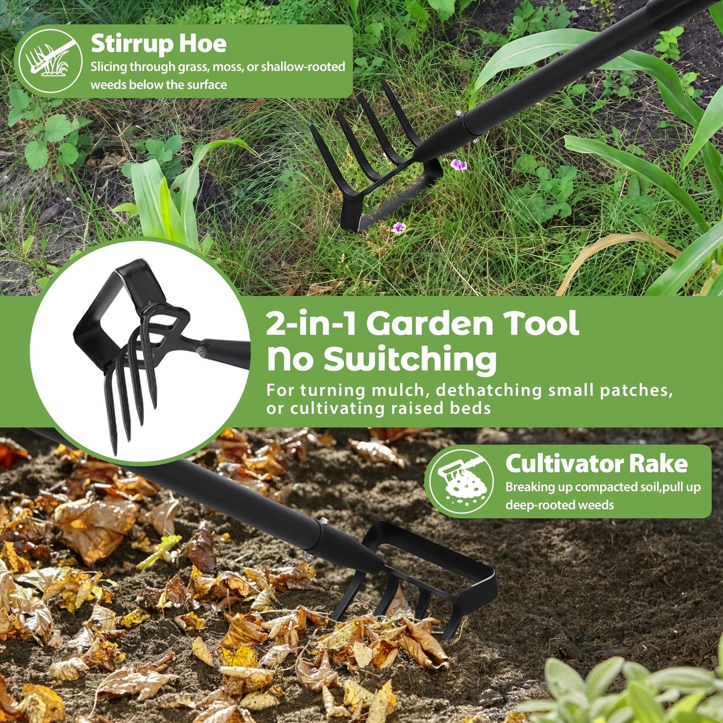 2-in-1 Garden Hand Tool with Stirrup Hoe, Four-Tine Cultivator and 62-, 73- or 82-Inch Sectional Handle