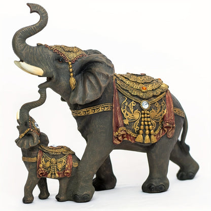 Mama and Baby Elephant Tabletop Figurine in Dark Brown with Raised Trunks and Ornate Gold-Tone Details