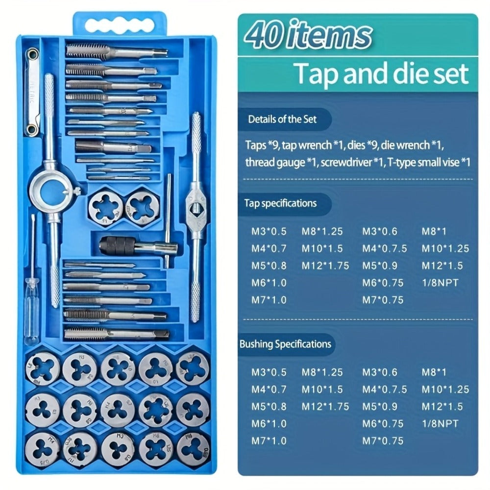 Metric Tap and Die Threading Set with M3 to M12 Sizes in 12- or 40-Piece Storage Case Configurations