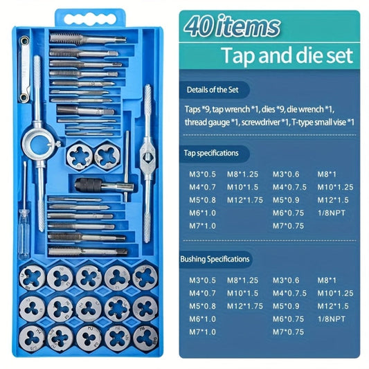 Metric Tap and Die Set 12pcs or 40pcs, M3-M12 Hand Thread Tapping Tool Kit with Plug Taps, Straight & Cone Reamers, Manual Threading Tool for DIY, Household Repair & Metalworking