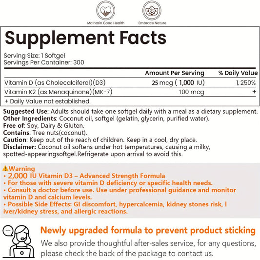 Bone Health Supplement Vitamin D3 1000 IU K2 MK-7 100mcg – 300 Softgels with Coconut Oil for Calcium Absorption, Immune Support & Heart Health – Daily Wellness Vitamins for Active Lifestyles, Men and Women