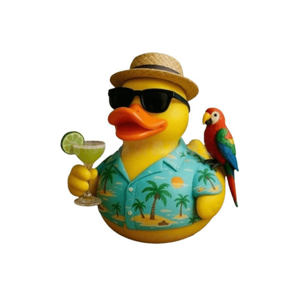 Beach-Style Duck Tabletop Figurine with Sunglasses, Straw Hat, Parrot and Tropical Shirt Details