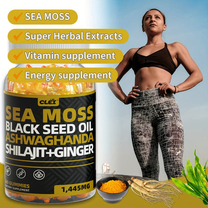 Immune Support Gummies with Sea Moss 1445mg – 10-in-1 Superfood Blend with Black Seed Oil, Ashwagandha, Elderberry, Turmeric, Bladderwrack, Chlorophyll, Shilajit & Ginger – 60 Count Daily Wellness Supplement