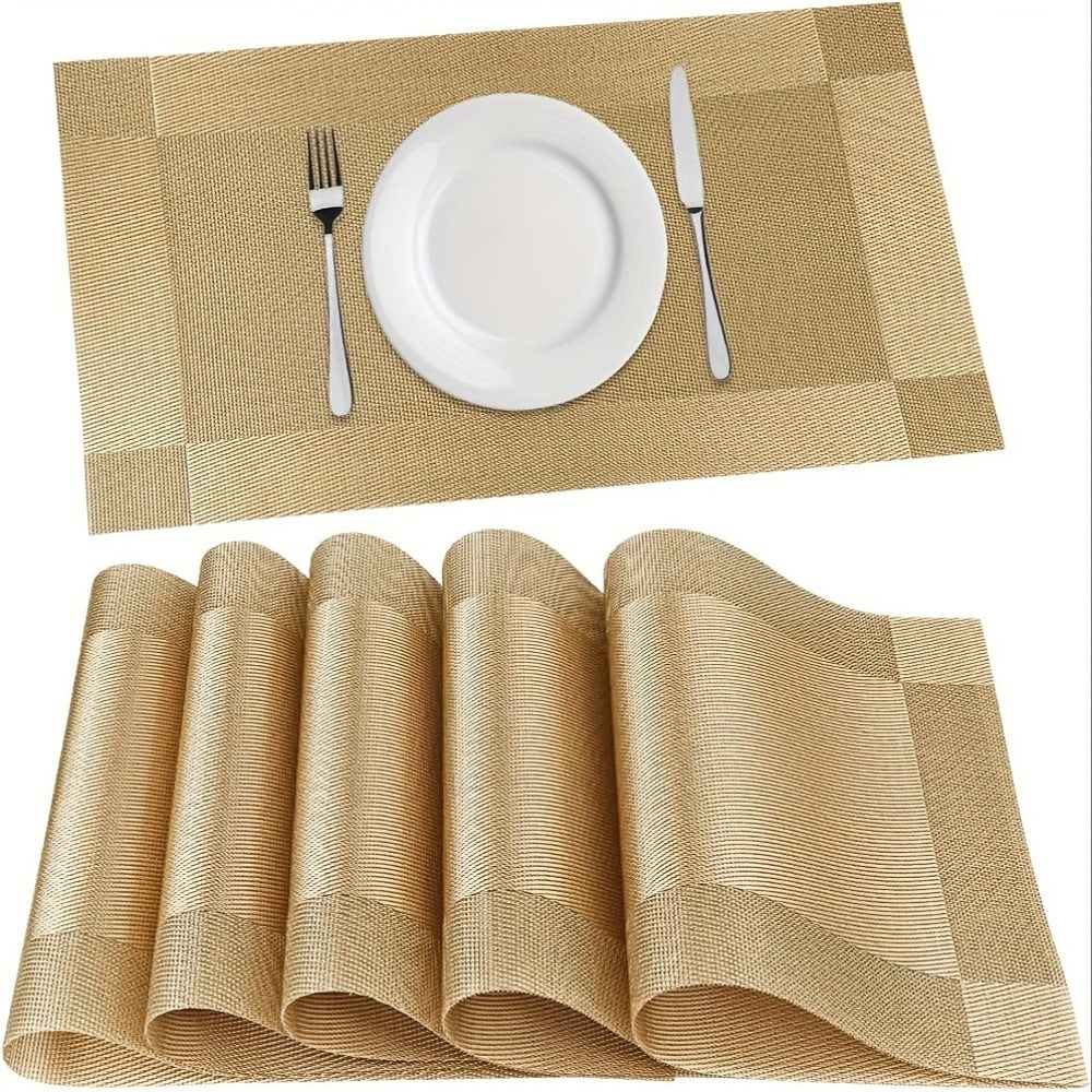 Six-Piece PVC Placemats in Gold, Brown or Silver, Each 11.8 x 17.7 Inches for Dining Tables
