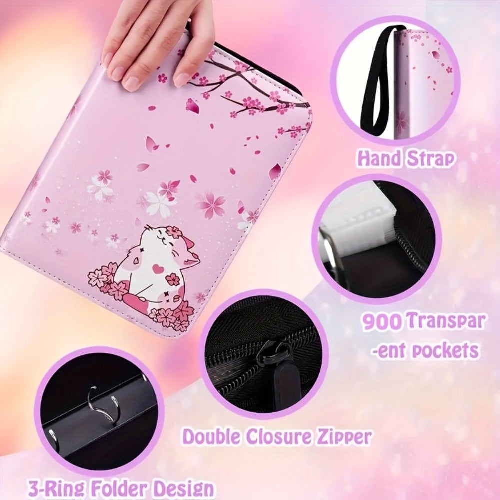 Pink Cat and Cherry Blossom Trading Card Binder with Zipper Closure, 900 Pockets and 13.2-Inch Height