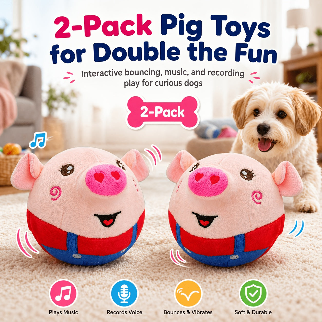 Dog Toy USB-Rechargeable Bouncing Character with Voice Recording, Music and Animal Sound Modes