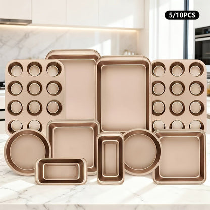 Nonstick Bakeware Set Stackable Space-Saving - Round & Square Pans, Waffle Tray, Cookie Sheet, Dishwasher Safe, Carbon Steel Baking Pan Set for Oven, 2pcs / 5pcs / 10pcs Options