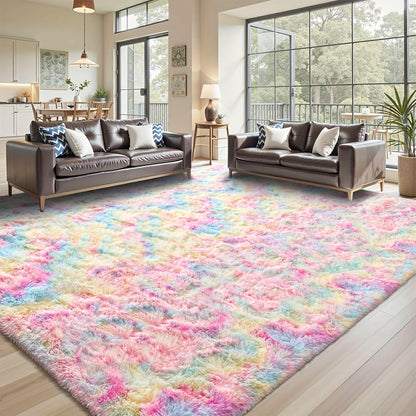 Shaggy Area Rug Soft Plush Fuzzy Carpet Non-Slip Tie-Dye Design for Bedroom Living Room Nursery Dorm — Pet Friendly Machine Washable Multiple Sizes & Colors