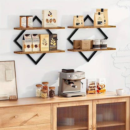 Floating Wall Shelves Double Layer Geometric Diamond Metal Wire Wood Display Stand Industrial Style for Living Room Kitchen 2 4 Pack