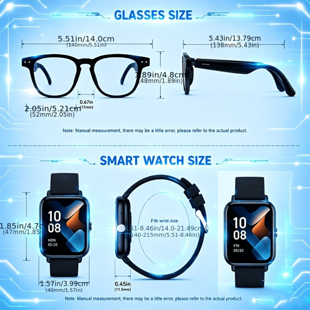 AI Smart Glasses & Smartwatch Bundle, Multilingual Real-Time Translation, Touch Control, Full Touch Screen Watch, High-End Fashion Smart Wearable Tech Combo – Gift for Tech Lovers & Travelers