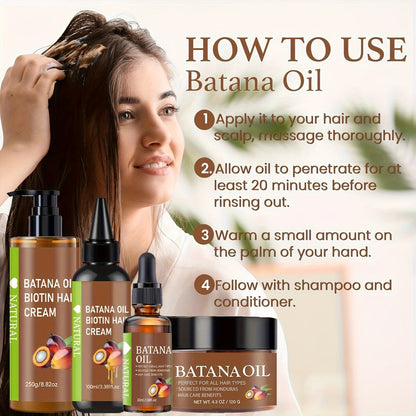 Four-Piece Batana Hair Care Set with Coordinated Oil and Cream Containers in Assorted Sizes