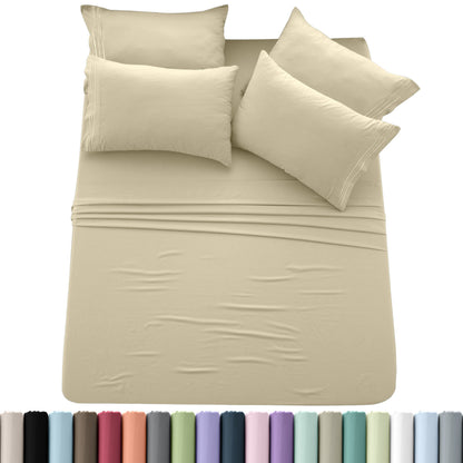 Sheet Set, Six-Piece Brushed Polyester Bedding with 16-Inch Fitted Pocket, Four Pillowcases and Twenty Colors