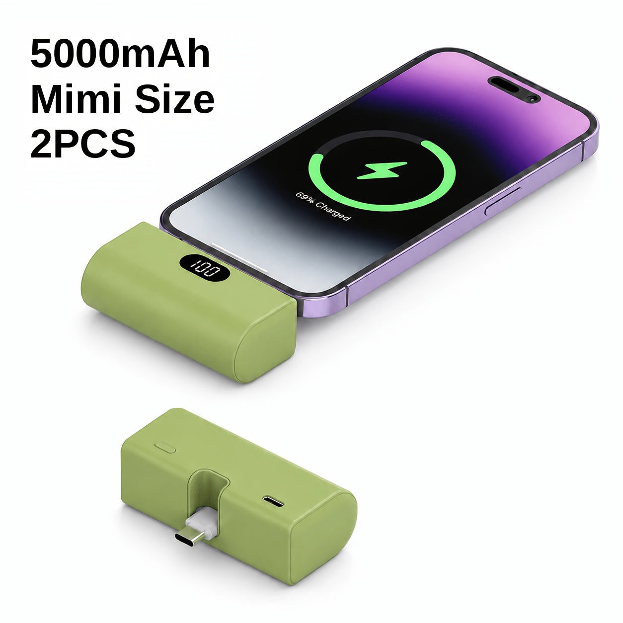 Mini Power Bank 5000mAh USB-C Foldable Plug Built-in Cable 10W Fast Charge LED Display Compact Portable Charger for iPhone 15 16 17 Samsung Android – Black White Pink Purple Green (1pc/2pcs)