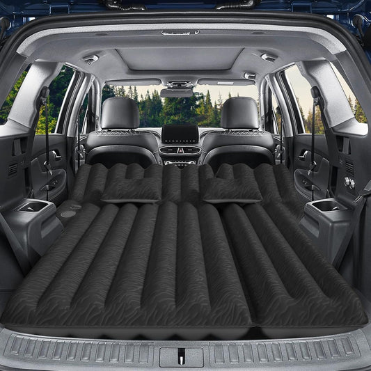 SUV Air Mattress for Camping Inflatable Car Bed with Air Pump 2 Pillows Flocking Surface Portable Sleeping Pad for SUV Backseat Road Trip Family Travel, Black