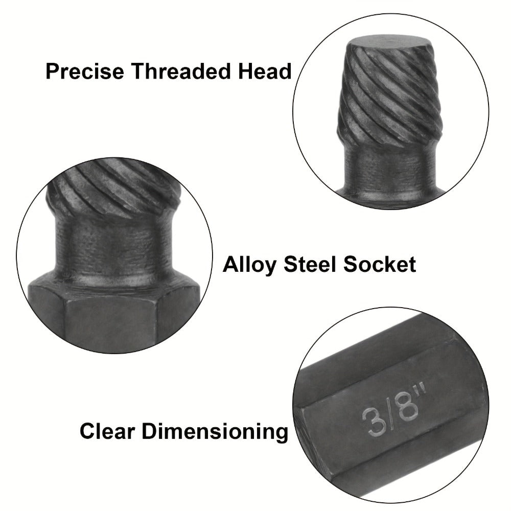 Ten-Piece Screw Extractor Set with Left-Hand Spiral Heads, Hex Drive Ends and Sizes from 1/8 to 13/32 Inch