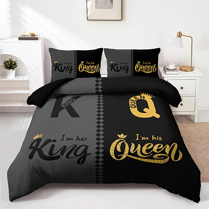 King and Queen Print Duvet Cover Set with Two Pillowcases, Three Styles and Four Bed Sizes