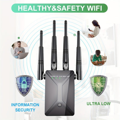 WiFi Range Extender 1200Mbps Dual-Band 2.4/5.8GHz with Four Antennas and Ethernet Port in Black