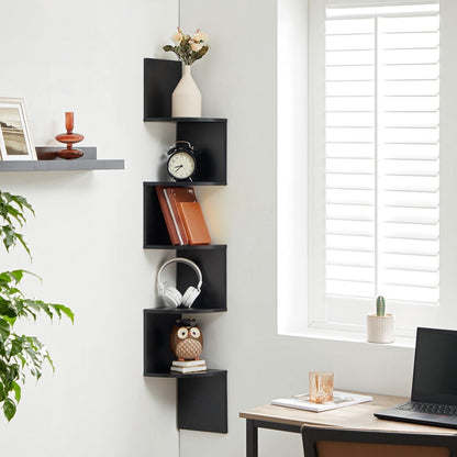 Corner Floating Shelf 5-Tier Wall Mount, Space Saving Storage Rack for Bedroom Living Room, Radial Display Organizer, Easy Install, 7.9"×7.9"×49.6", Black White Brown Greige Beige
