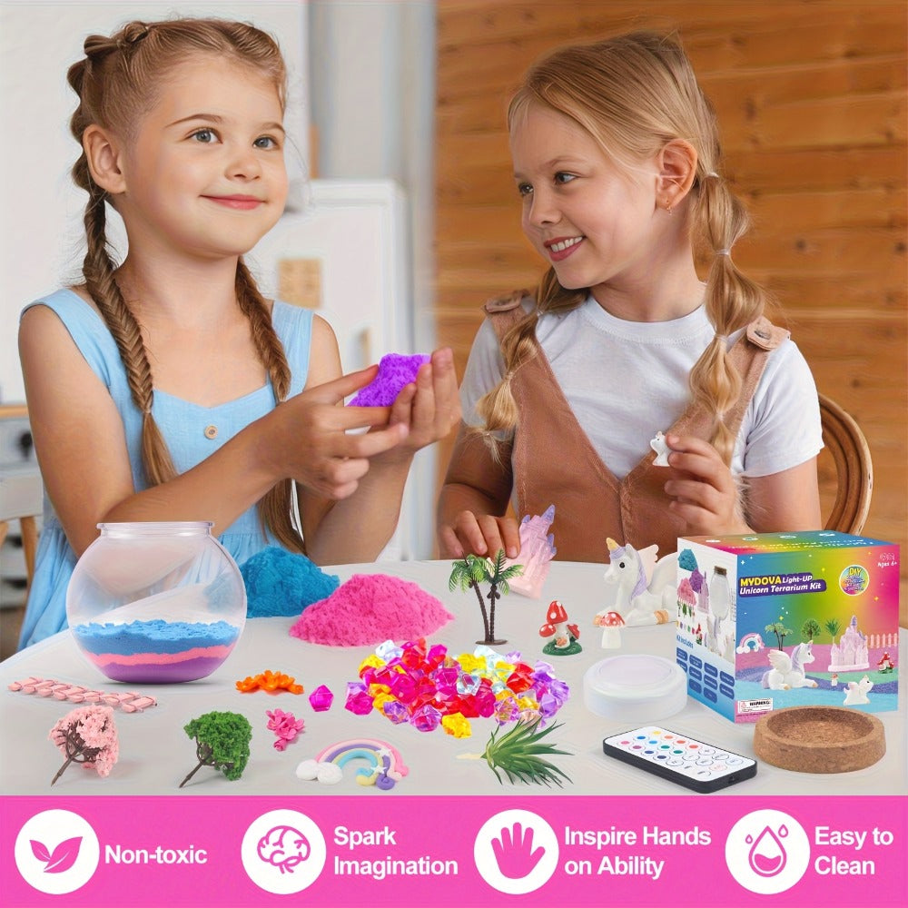 Unicorn Terrarium Craft Kit with Decorative Globe, Multicolor LED Light, Remote and Layered Sand Accessories