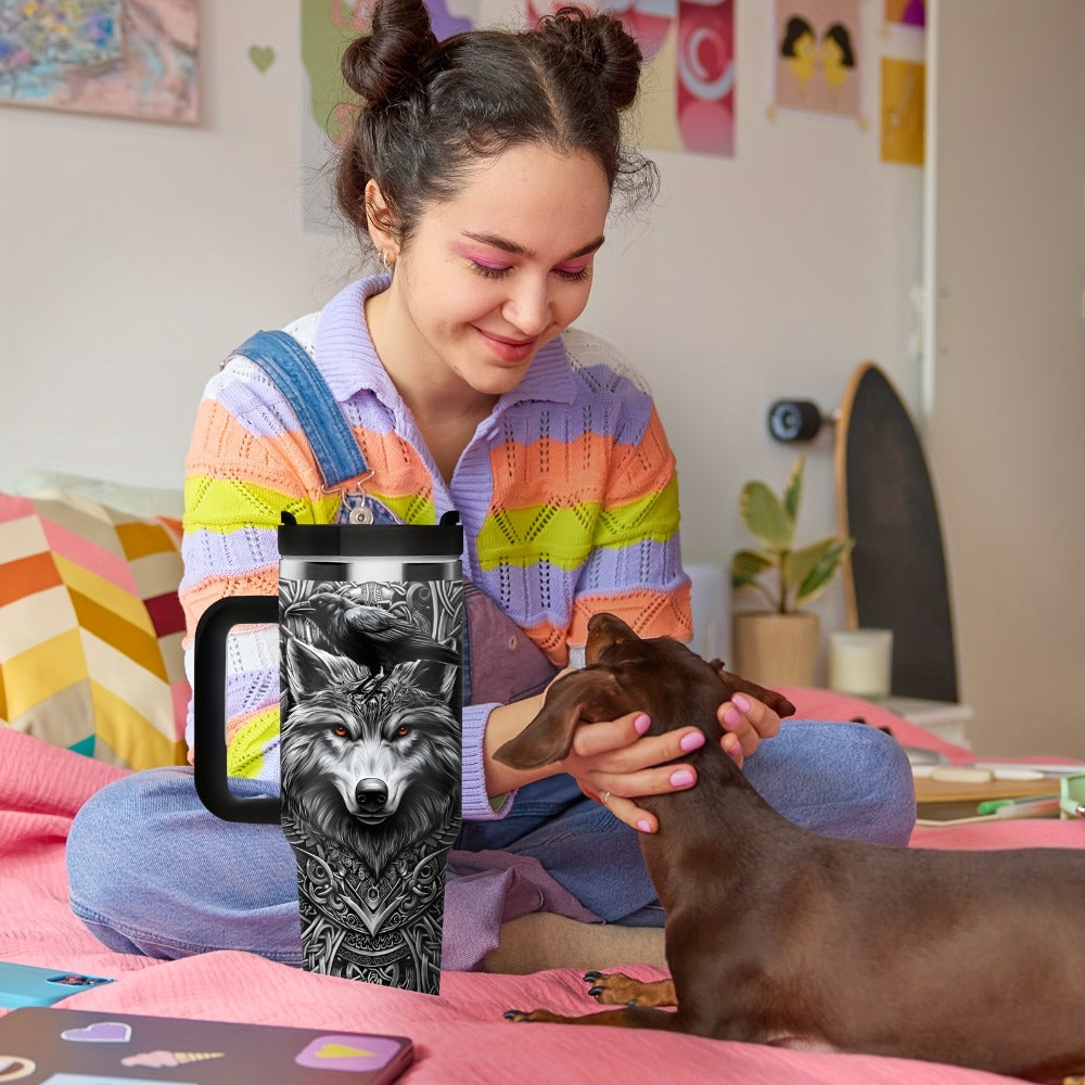 40oz Wolf-and-Raven Graphic Handled Tumbler with Black Lid, Straw and 10 x 26.8 cm Pictured Size