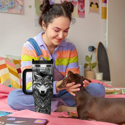 40oz Wolf-and-Raven Graphic Handled Tumbler with Black Lid, Straw and 10 x 26.8 cm Pictured Size