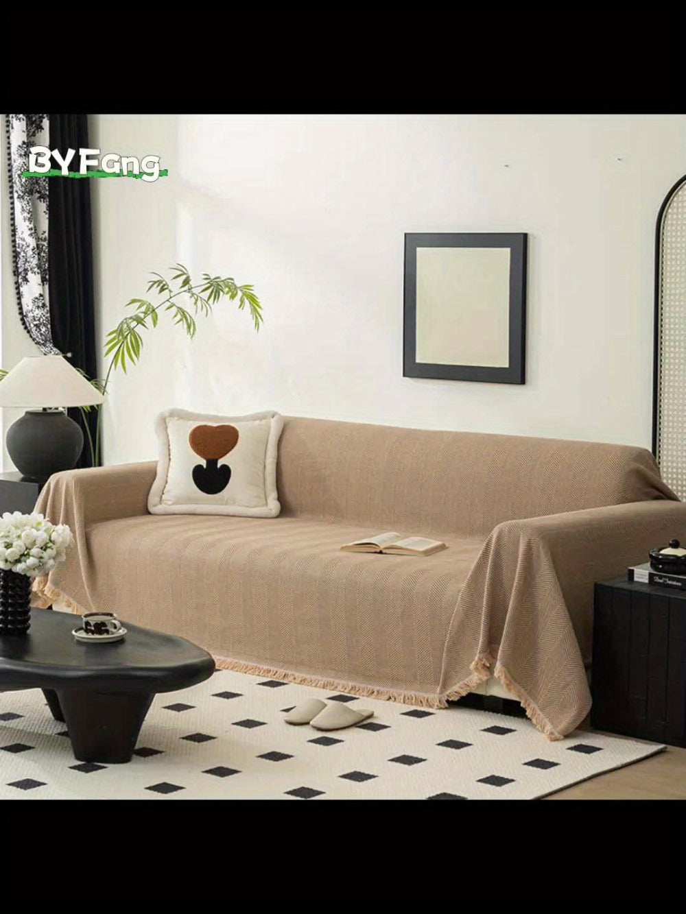 Sofa Cover 71-Inch Herringbone Jacquard Woven Throw with Tassel Fringe in Grey, Coffee, Green or Blue