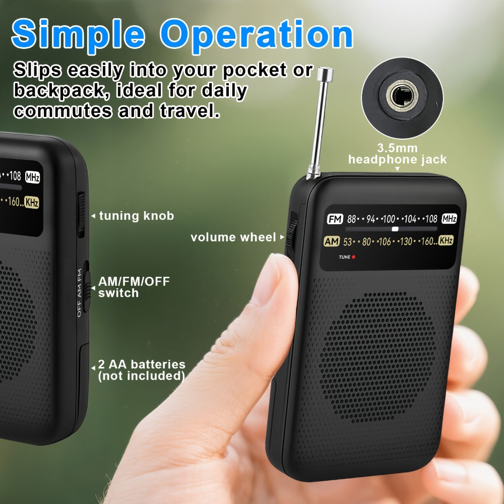 Pocket AM/FM Radio with 2-AA Battery Power, Headphone Jack and Single or Two-Piece Color Options