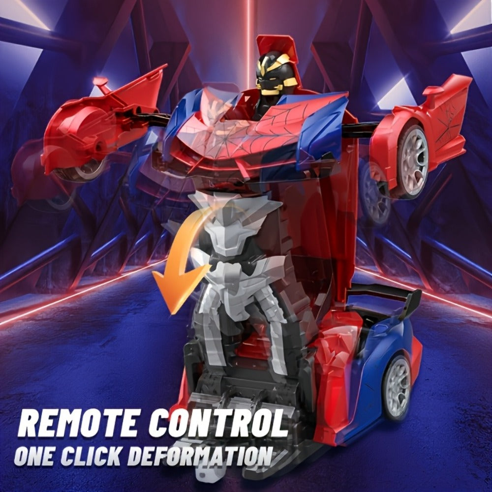 Remote Control Car, Spider-Man Pattern 1:18 Transforming Robot Vehicle with One-Button Change, LED Lights and Three Colors