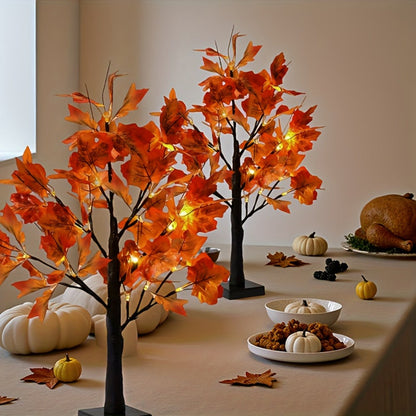 Two-Piece LED Maple Leaf Tree Light Set with 24 Warm Lights, Red Autumn Leaves and Black Branches