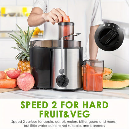 Black-and-Silver Centrifugal Juicer with Rear Pulp Bin, Juice Cup and 8cm-Labeled Feed Opening