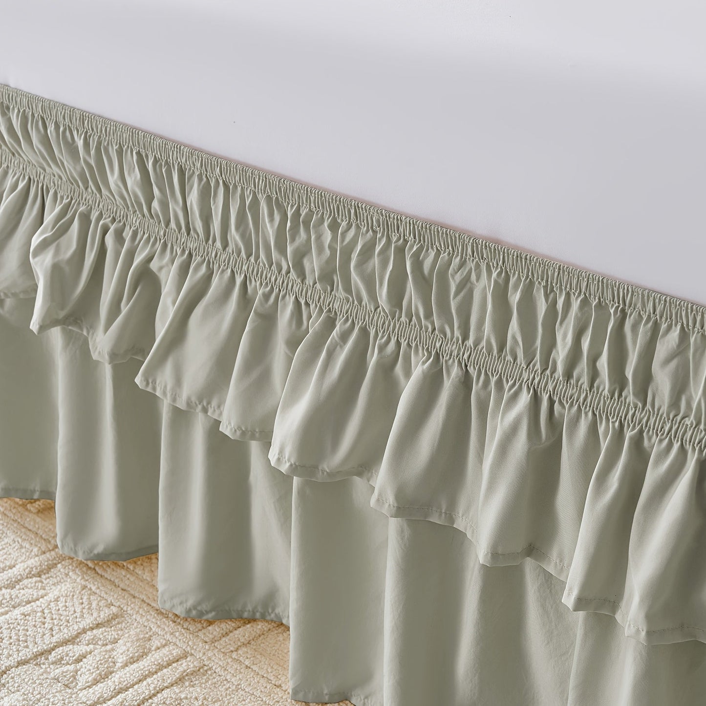Double Ruffle Bed Skirt 16" Drop | Elastic Wrap Around Dust Ruffle for Twin Full Queen King Bed | Easy Install Machine Washable Soft Linen Poly Blend Bedskirt