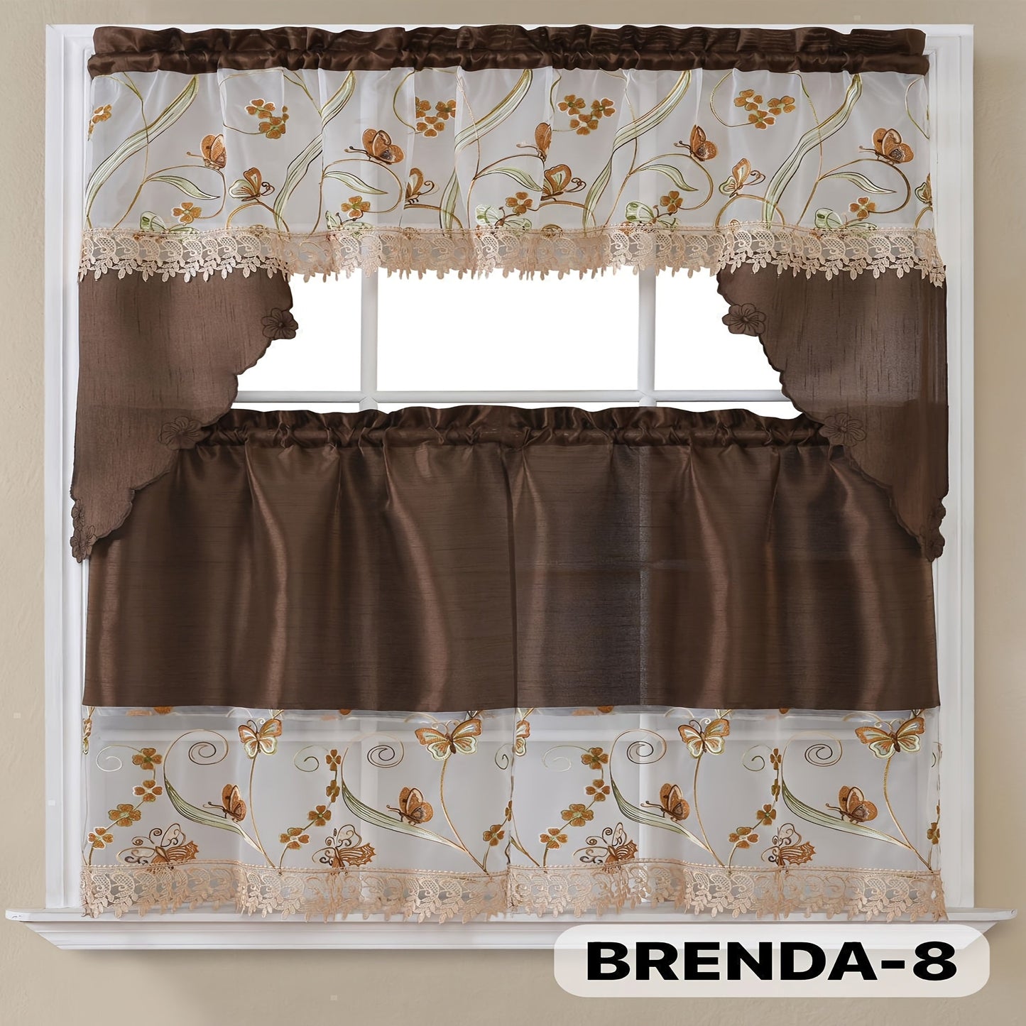 Three-Piece Patterned Kitchen Curtain Set with One Valance, Two Tiers and Forty-Six Exact Design Options