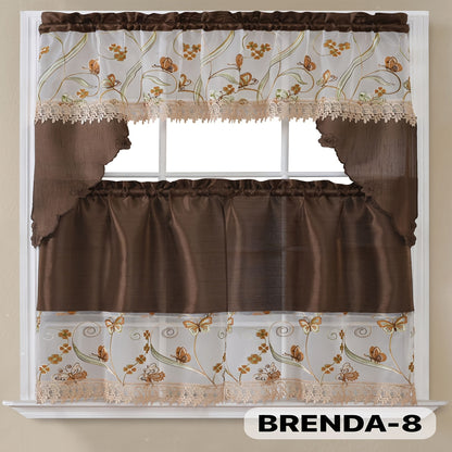Three-Piece Patterned Kitchen Curtain Set with One Valance, Two Tiers and Forty-Six Exact Design Options