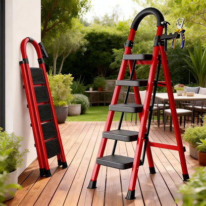 Folding Step Stool Ladder 500lbs Heavy Duty Steel with Anti-Slip Wide Treads & Handrails – Safety Lock, Portable Multi-Step Ladder for Home, Kitchen & Outdoor Use, Mini / Medium / Large