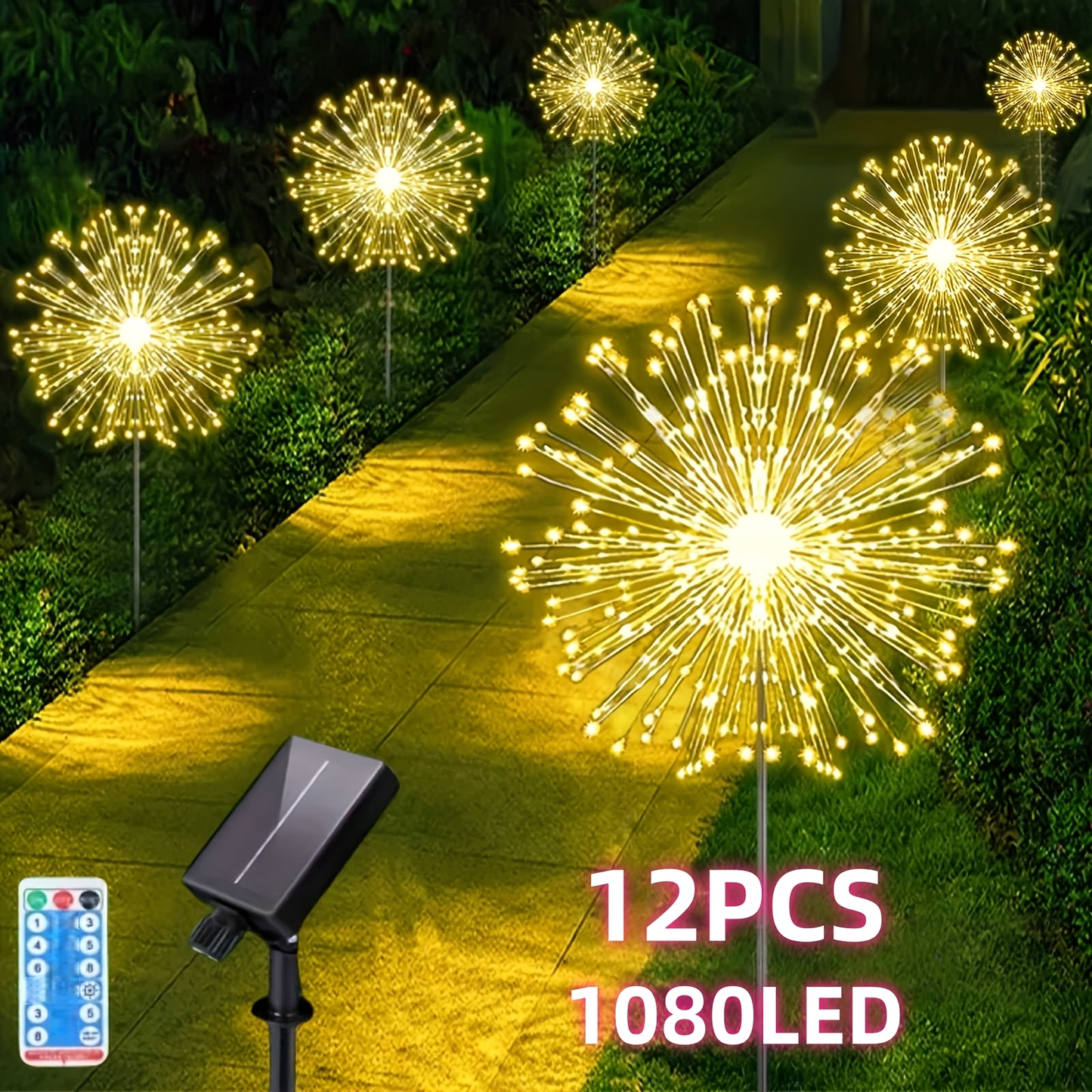 Solar Garden Lights Dandelion Firework Stakes with Remote, 540/1080 LEDs, 8 Modes and 6/12 Packs
