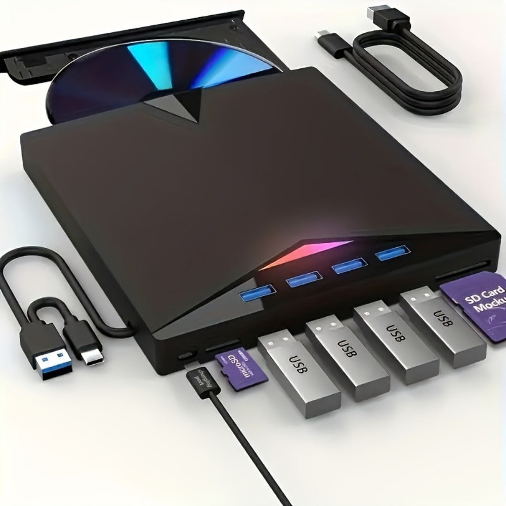7-in-1 External DVD Drive USB 3.0 with 4 USB Ports & Dual TF/SD Card Reader - High-Speed CD/DVD Burner for Laptop Mac PC, Compatible with Windows 11/10/8/7, Linux, Plug and Play, Office Travel