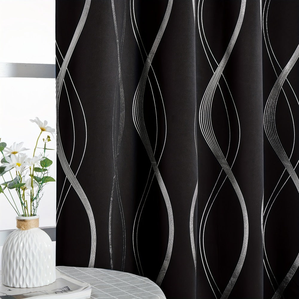 Two-Panel Wave-Line Foil Print Blackout Curtains in 10 Colors with 42- or 52-Inch Width Options