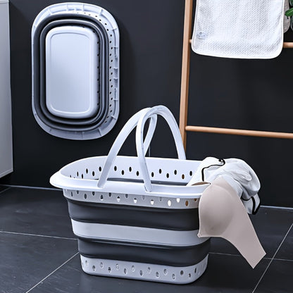 16-Gallon Collapsible Plastic Laundry Basket in Gray and White with Folding Walls and Carry Handles