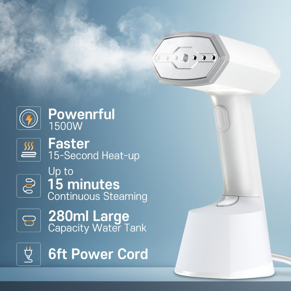 1500W Handheld Garment Steamer with 280ml Tank, 15-Second Heat-Up and 15-Minute Steam Markings