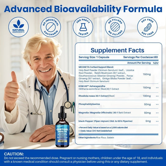 Cortisol Balance Liquid Drops for Stress Relief & Cortisol Belly – KSM-66 Ashwagandha, Magnesium Glycinate & L-Theanine Sublingual Supplement – 99% Absorption – 2 fl oz