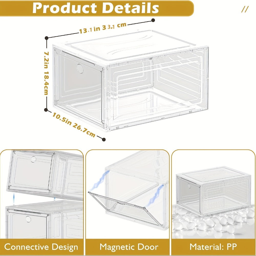 Six-Pack Clear Stackable Shoe Display Boxes with Magnetic Front Doors in Black or White for Closets