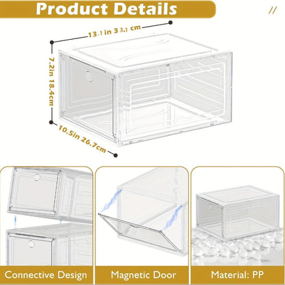 Six-Pack Clear Stackable Shoe Display Boxes with Magnetic Front Doors in Black or White for Closets
