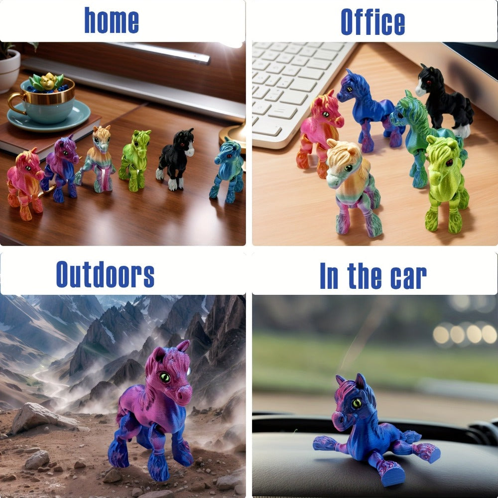 Six-Piece 3D-Printed Horse Figurine Set with Articulated Legs in Six Bright Color Designs for Desk Display
