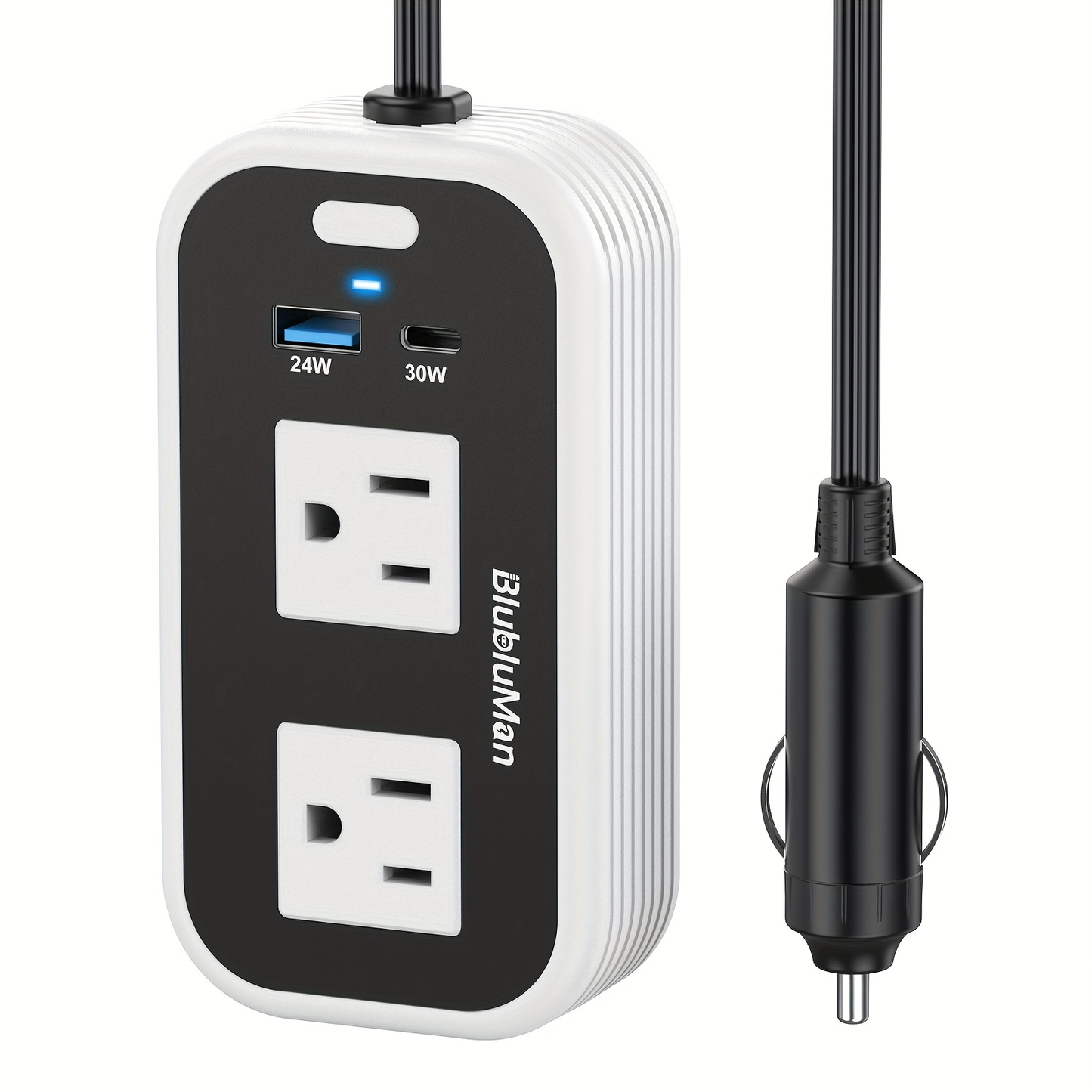 White-and-Black 200W Car Power Inverter with Two AC Outlets, 30W PD USB-C and 24W QC3.0 Ports
