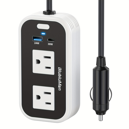 White-and-Black 200W Car Power Inverter with Two AC Outlets, 30W PD USB-C and 24W QC3.0 Ports