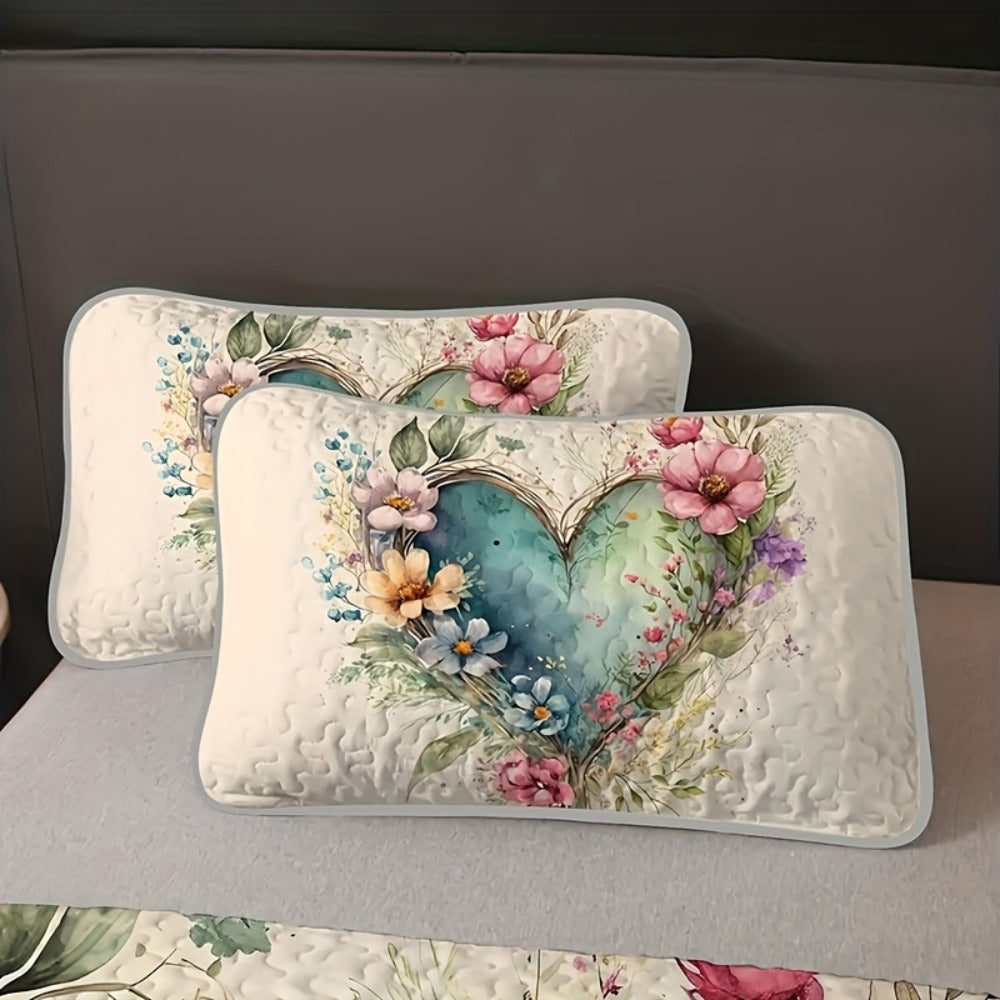 Watercolor Floral Quilt Set with Botanical Heart Print in Polychrome Twin, Full/Queen or King Sizes