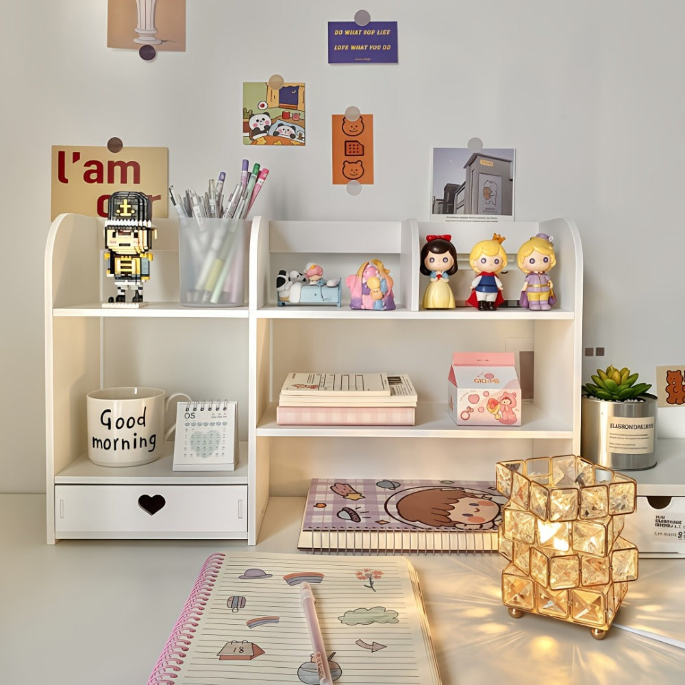 White Two-Tier Desktop Organizer Shelf with Multiple Compartments, Heart Drawer and 50 cm Wide Top