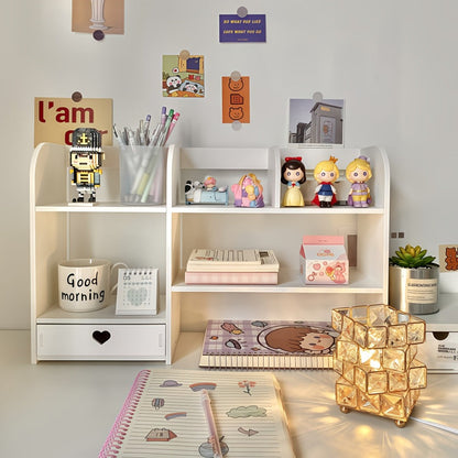 White Two-Tier Desktop Organizer Shelf with Multiple Compartments, Heart Drawer and 50 cm Wide Top