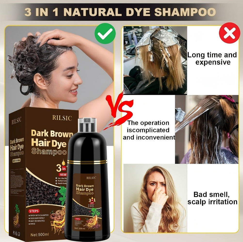 Grey Hair Dye Shampoo 3-in-1 Natural Plant-Based Herbal Formula — Non-Stick Scalp, Covers White Hair in Minutes, 500ml — Black, Dark Brown, Chestnut Brown for Men & Women