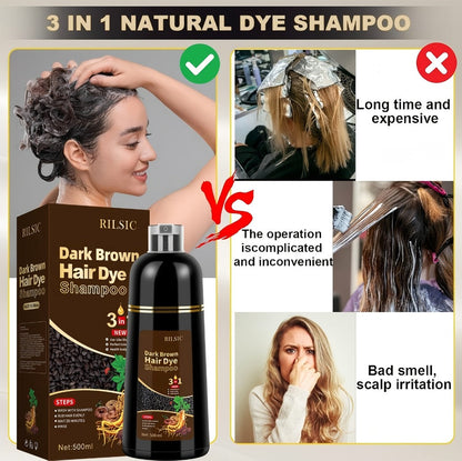 Grey Hair Dye Shampoo 3-in-1 Natural Plant-Based Herbal Formula — Non-Stick Scalp, Covers White Hair in Minutes, 500ml — Black, Dark Brown, Chestnut Brown for Men & Women